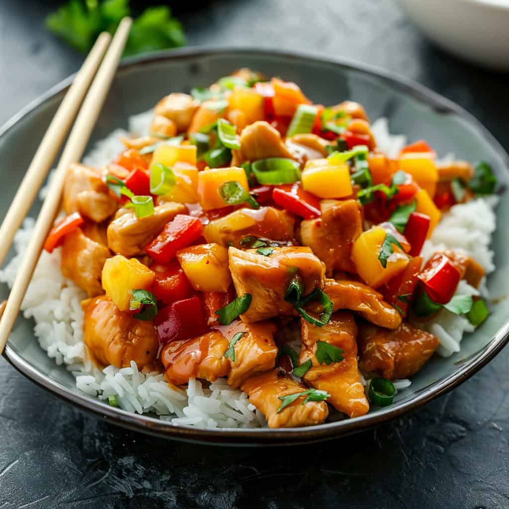 A savory plate of grilled chicken cubes with red and yellow bell peppers, pineapple chunks on a bed of fluffy white rice, garnished with green onions, ready for a healthy family meal.