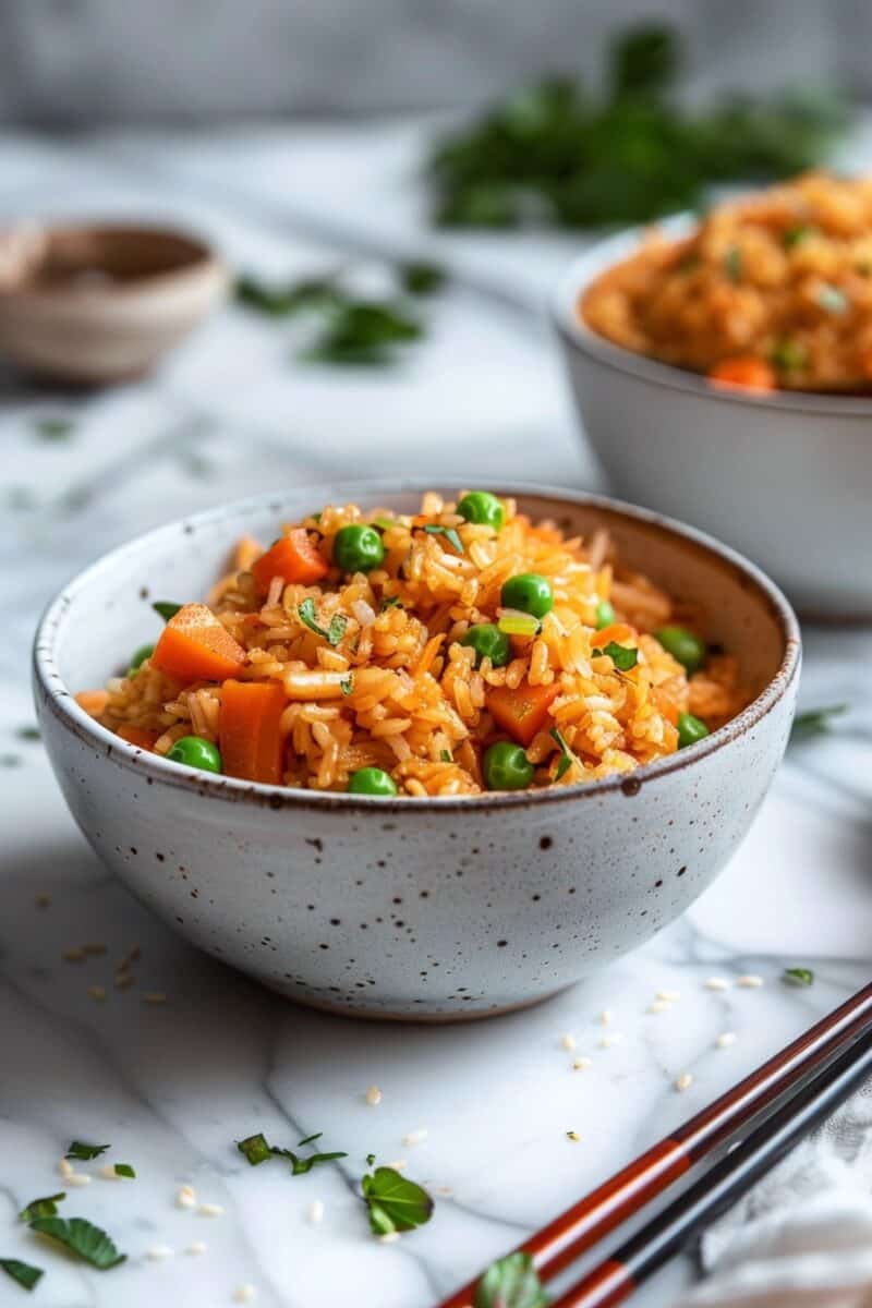 Picture a side view of a bowl of Firecracker Spicy Rice, with its inviting buffalo sauce hue, dotted with green peas, orange carrots, and fluffy scrambled eggs. Sliced green onions top off the dish, standing out against a simple backdrop, hinting at a spicy, comforting experience.