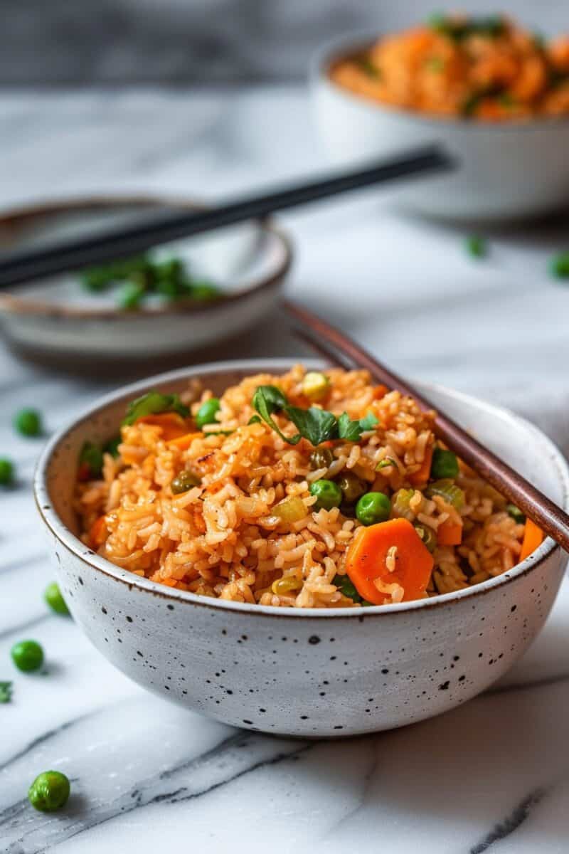 This image shows Firecracker Spicy Rice up close, highlighting its spicy buffalo sauce-coated grains in red and orange hues. Green peas, orange carrots, yellow scrambled eggs, and green onion slices add a colorful and textured contrast, designed to convey the dish's vibrant appearance and rich flavors.