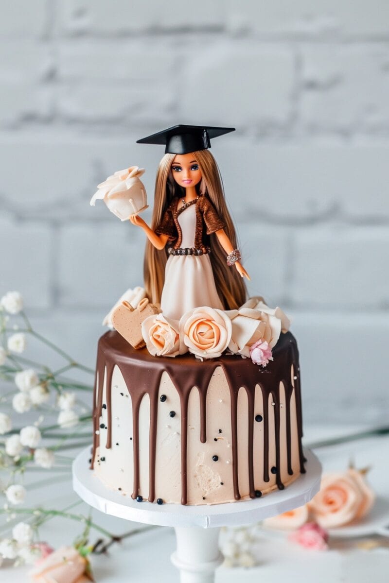 Barbie-themed graduation cake featuring a doll in a brown and gold gown with a chocolate drip design and cream roses.