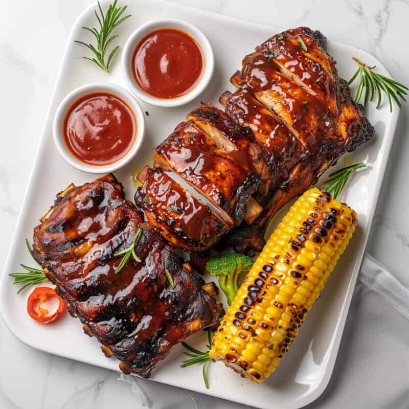 Glazed barbecue ribs on a plate accompanied by charred corn on the cob and bowls of sauce, garnished with fresh rosemary – enticing grill dinner ideas.
