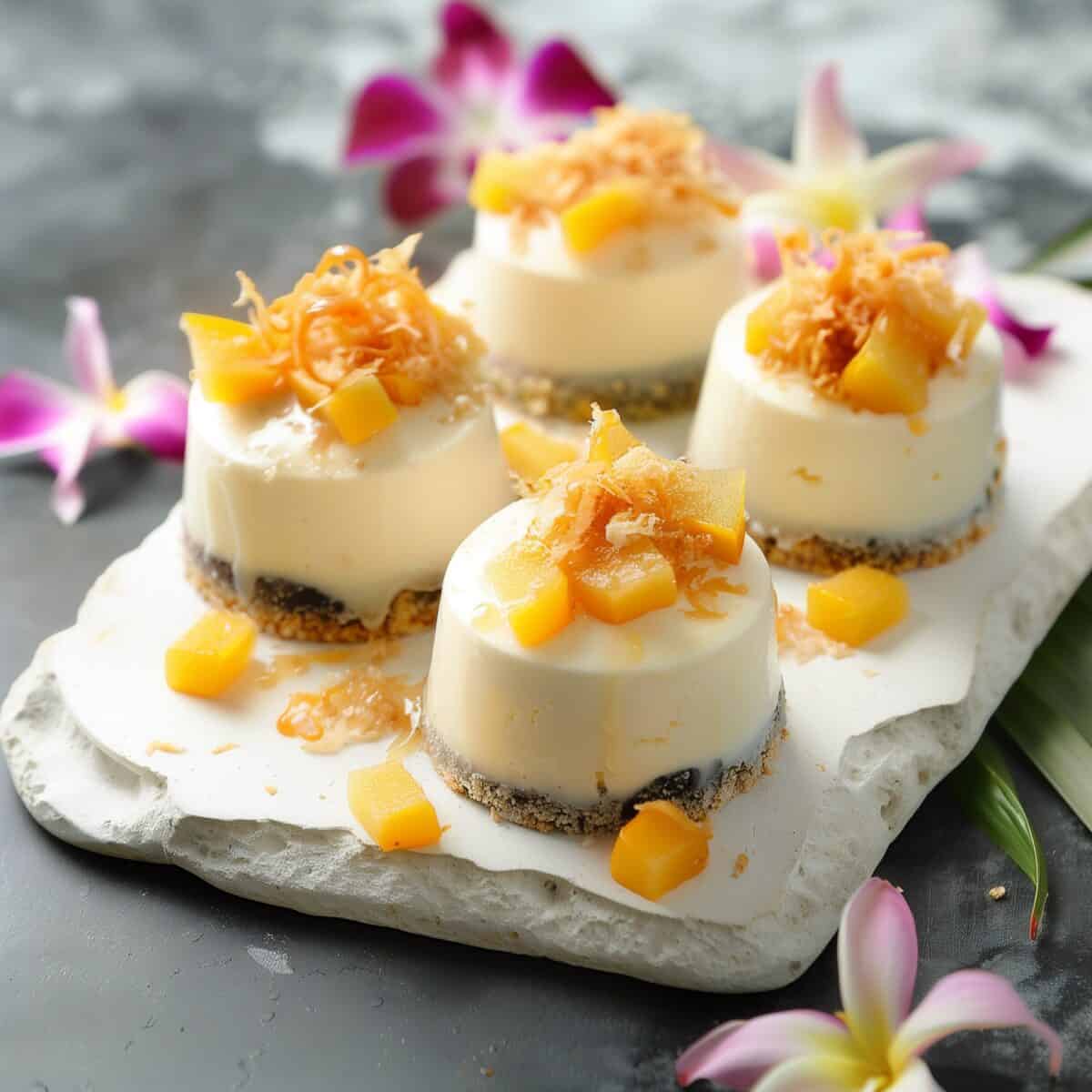 Elegant mini desserts with a creamy white top, mango cubes, and toasted coconut flakes on a dark cookie crumb base, garnished with tropical flowers, symbolizing an exquisite Hawaiian sweet treat.