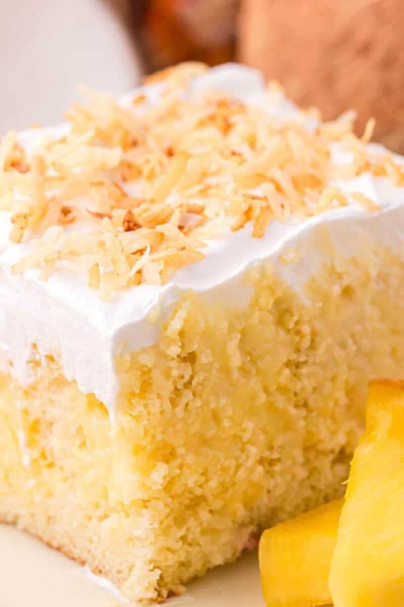 A fluffy piece of cake with toasted coconut flakes on whipped cream, accompanied by slices of fresh pineapple, highlighting a tropical dessert experience.