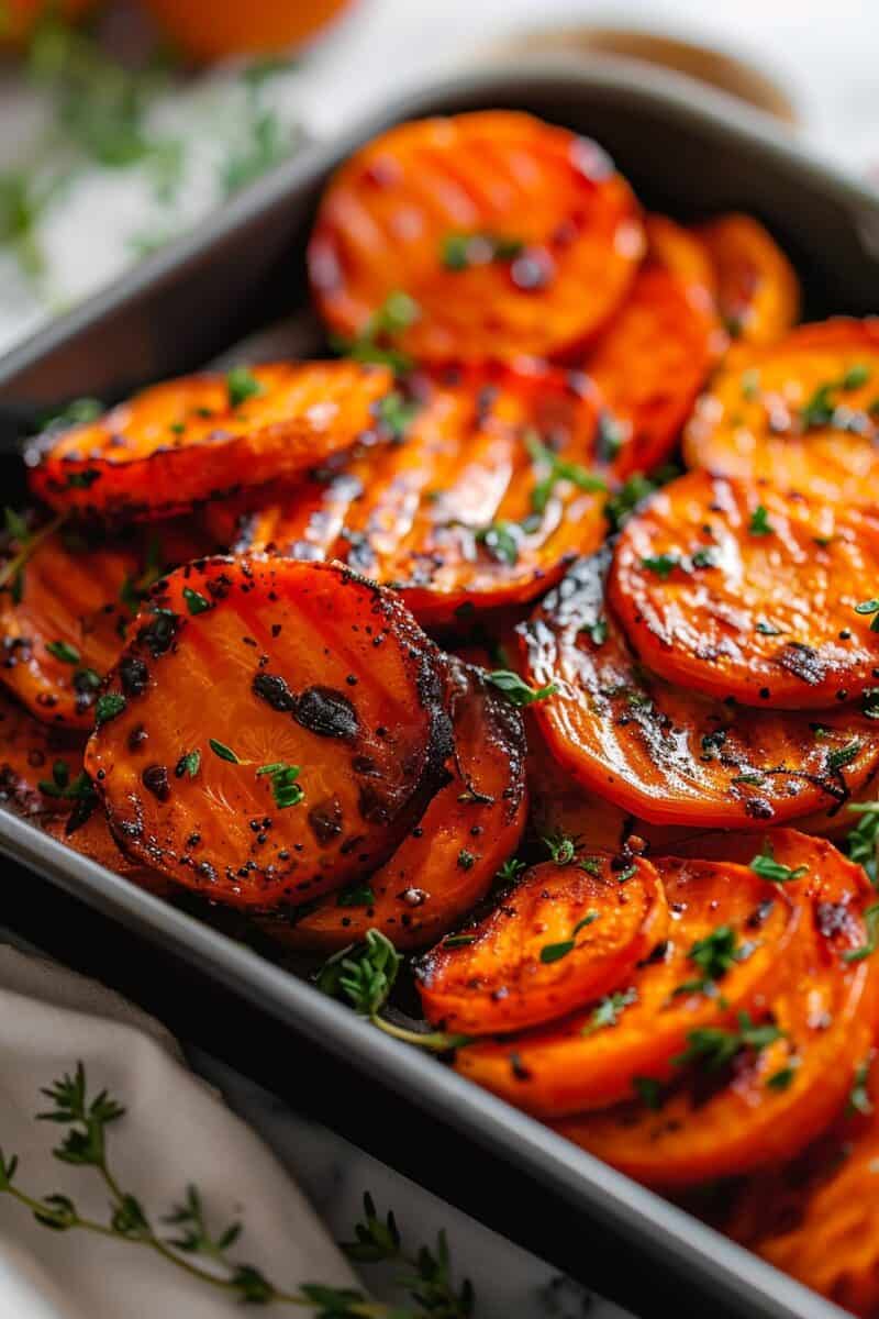 Glistening Honey Roasted Carrots in an air fryer tray, caramelized to perfection with a honey glaze. Herbs, salt, and pepper sprinkle the golden-brown slices, emphasizing the carrots' vibrant orange against the tray's dark surface.