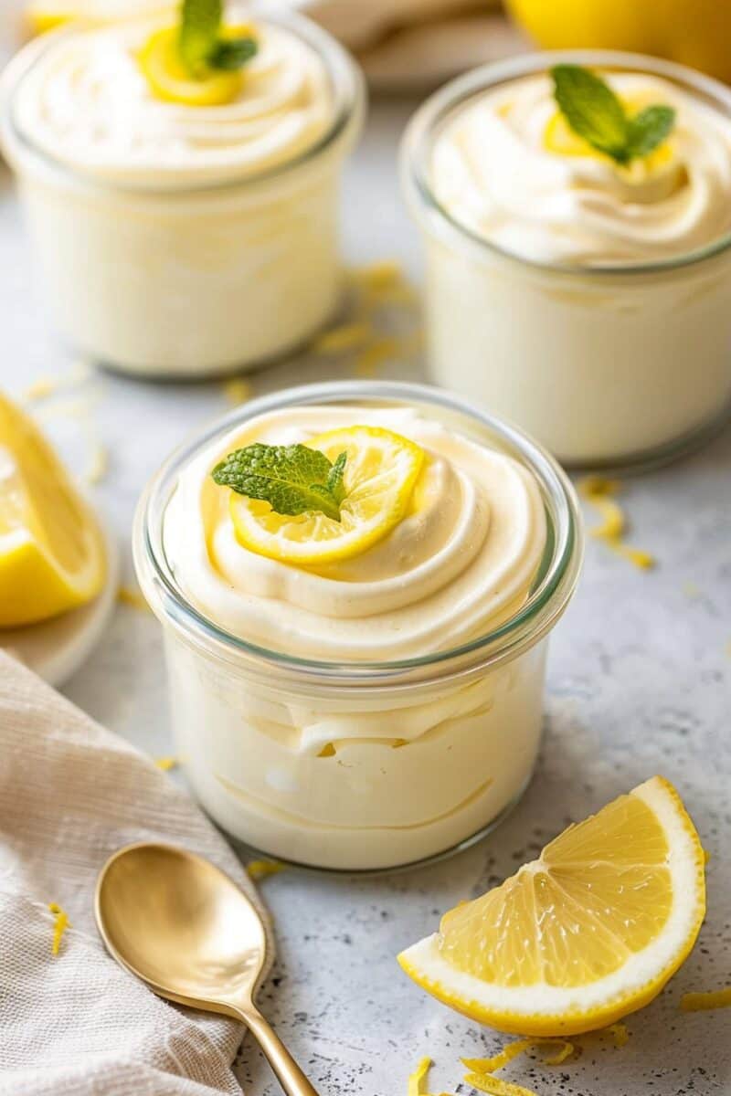 Three jars of lemon mousse are arranged on a light grey surface, each topped with a creamy swirl, a slice of lemon, and a mint leaf. The front jar is in sharp focus, showcasing the smooth texture and garnish details. In the background, a beige linen cloth, more mousse jars with a softer focus, a golden spoon, and additional lemon slices contribute to a fresh and elegant dessert presentation.