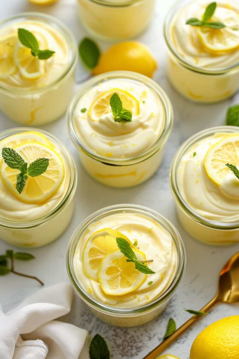 A top-down view of lemon mousse in glass jars, each with a silky surface topped by lemon slices and mint leaves. The jars are spaced on a white surface with subtle shadows, accompanied by fresh lemons and a white cloth, creating a clean and vibrant presentation that exudes freshness.