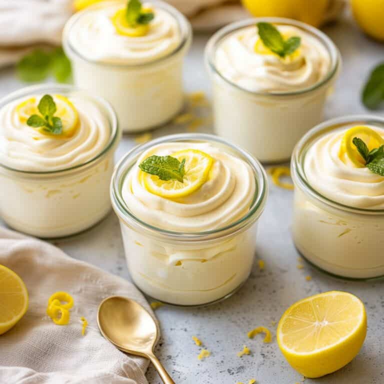 An arrangement of lemon mousse in glass jars on a light background, each with a whipped topping and lemon twist garnish, accented by fresh mint leaves. The bright yellow of the lemon garnishes adds a pop of color against the creamy mousse, with a halved lemon and a golden spoon nearby, completing the refreshing dessert scene.