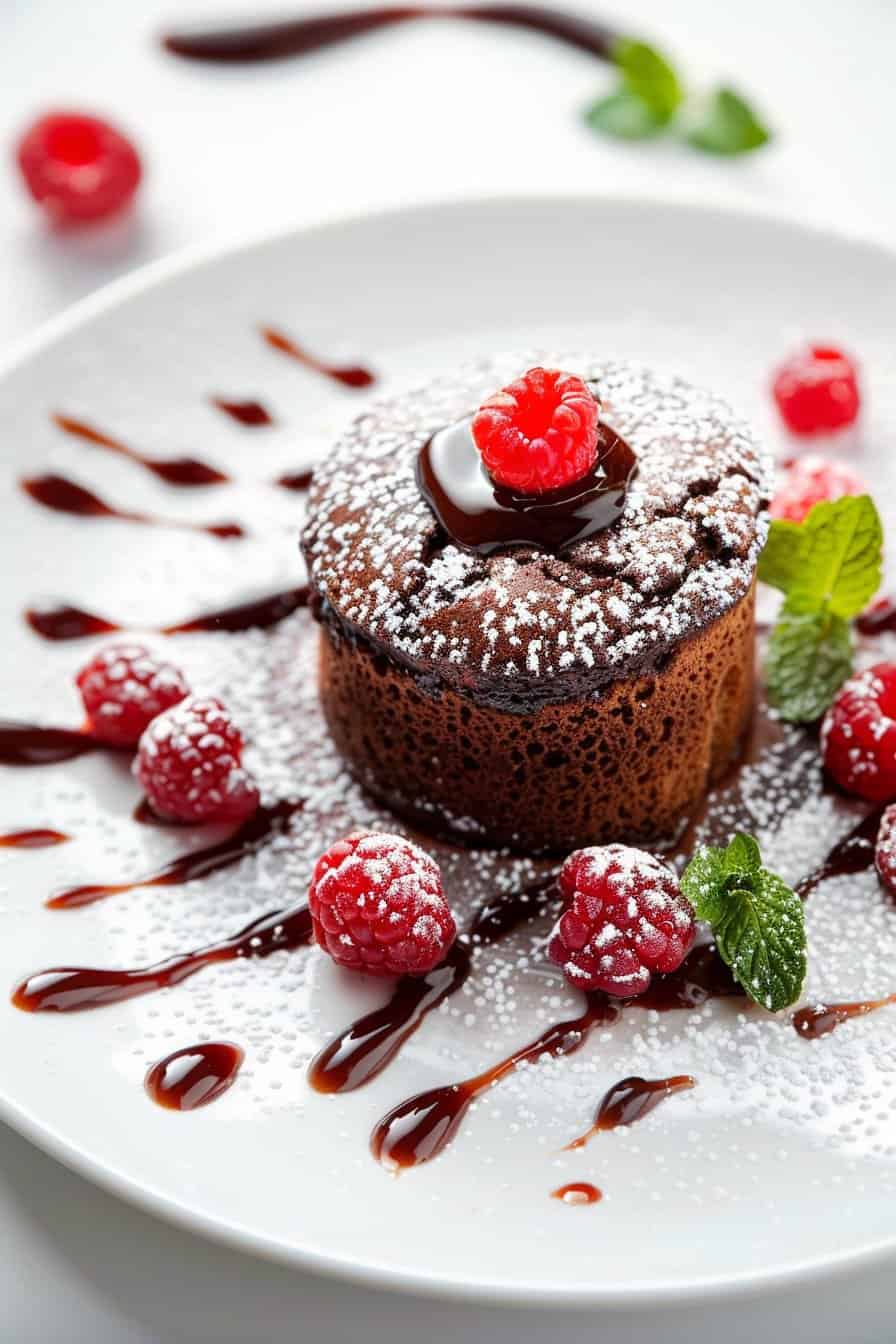 An elegantly plated chocolate lava cake, with a dusting of powdered sugar and a glossy chocolate glaze on top, is adorned with a vibrant red raspberry. Surrounding the cake are more dusted raspberries, chocolate sauce drizzles, and fresh mint leaves on a white plate. Mother's day desserts.