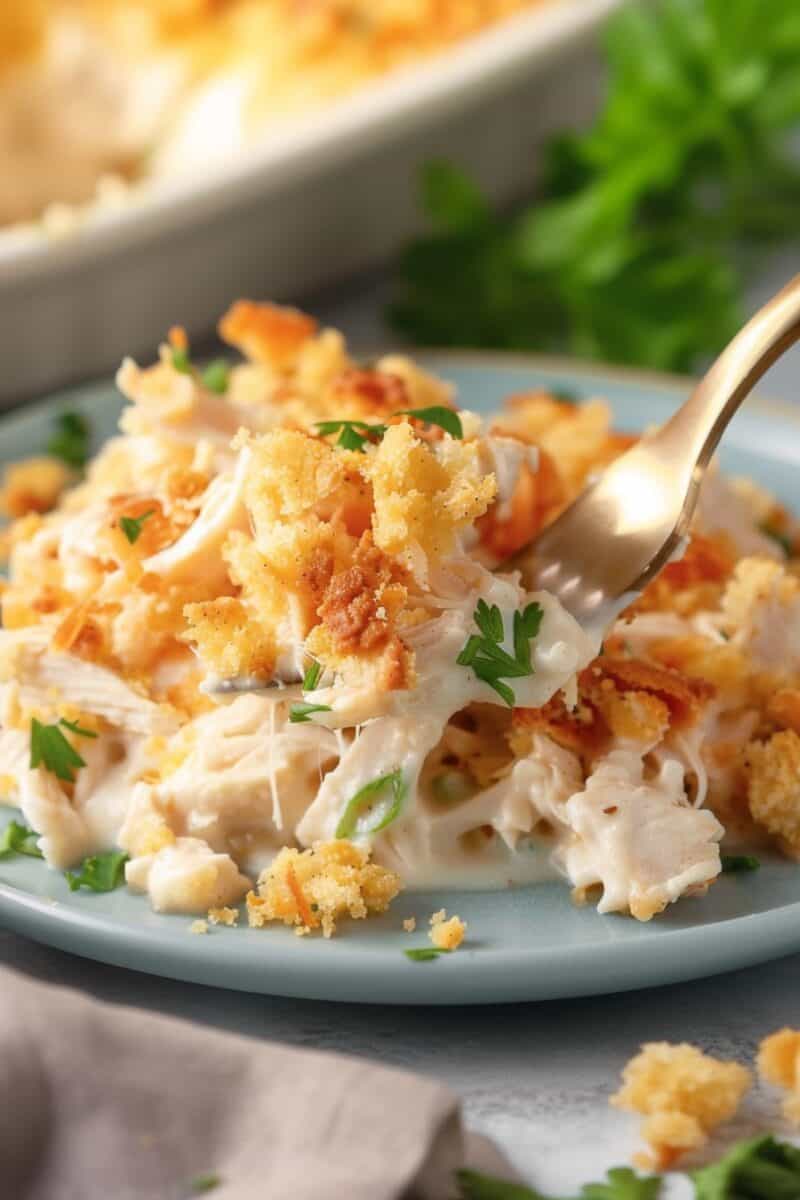 A serving of Million Dollar Chicken Casserole on a plate, showcasing layers of creamy chicken filling beneath a golden, crispy topping of crushed Ritz crackers, ready to be enjoyed.