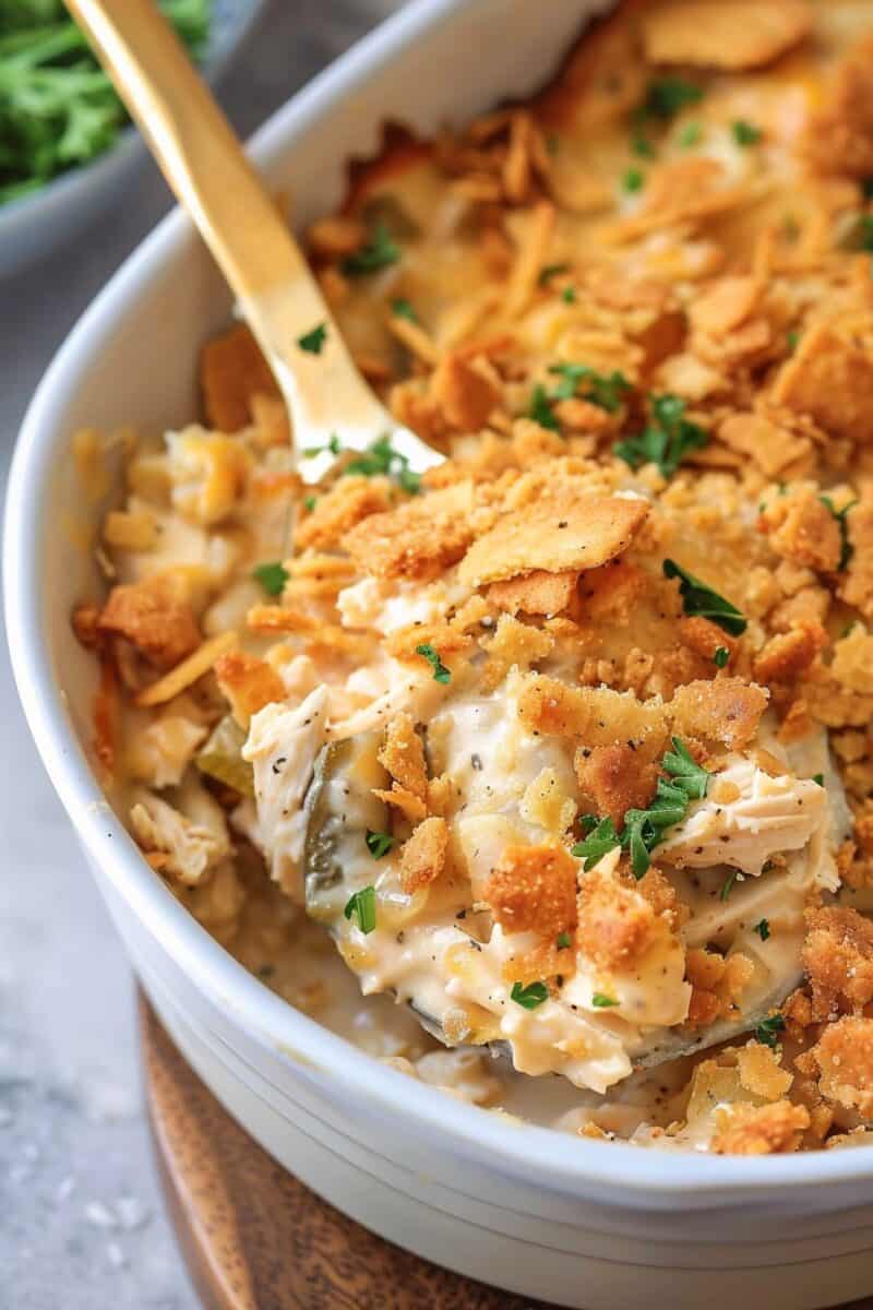 A golden Million Dollar Chicken Casserole in a square baking dish, with a creamy chicken and cheese filling topped with crispy crushed Ritz crackers, freshly baked and steaming hot, ready to serve.