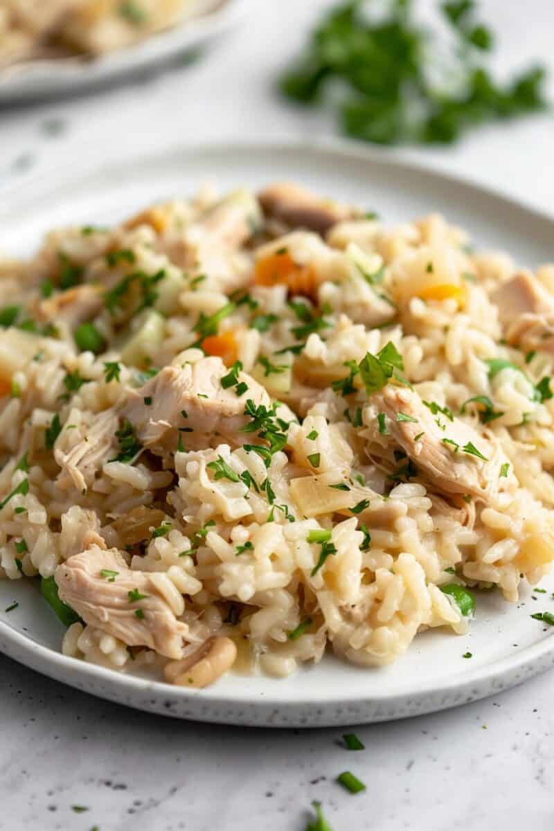 
A serving of golden-brown chicken and rice casserole on a white plate. The creamy, seasoned blend of chicken, rice, and cheeses underneath offers a comforting, homemade appeal.