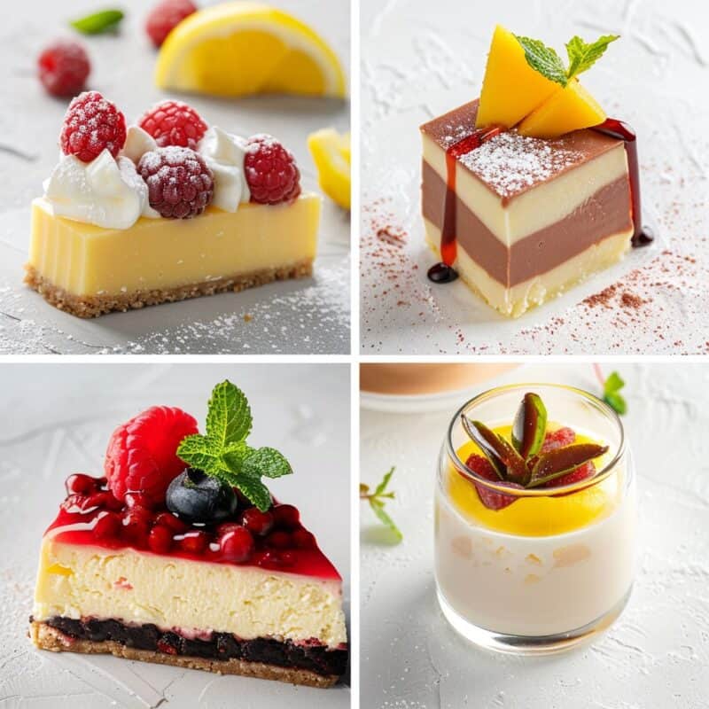 A collage of four gourmet desserts: a lemon tart with raspberry topping, a multi-layered chocolate and vanilla mousse cake garnished with mango, a berry cheesecake with red glaze, and a panna cotta with citrus fruit garnish, all artfully presented on white backgrounds. Mother's day desserts.