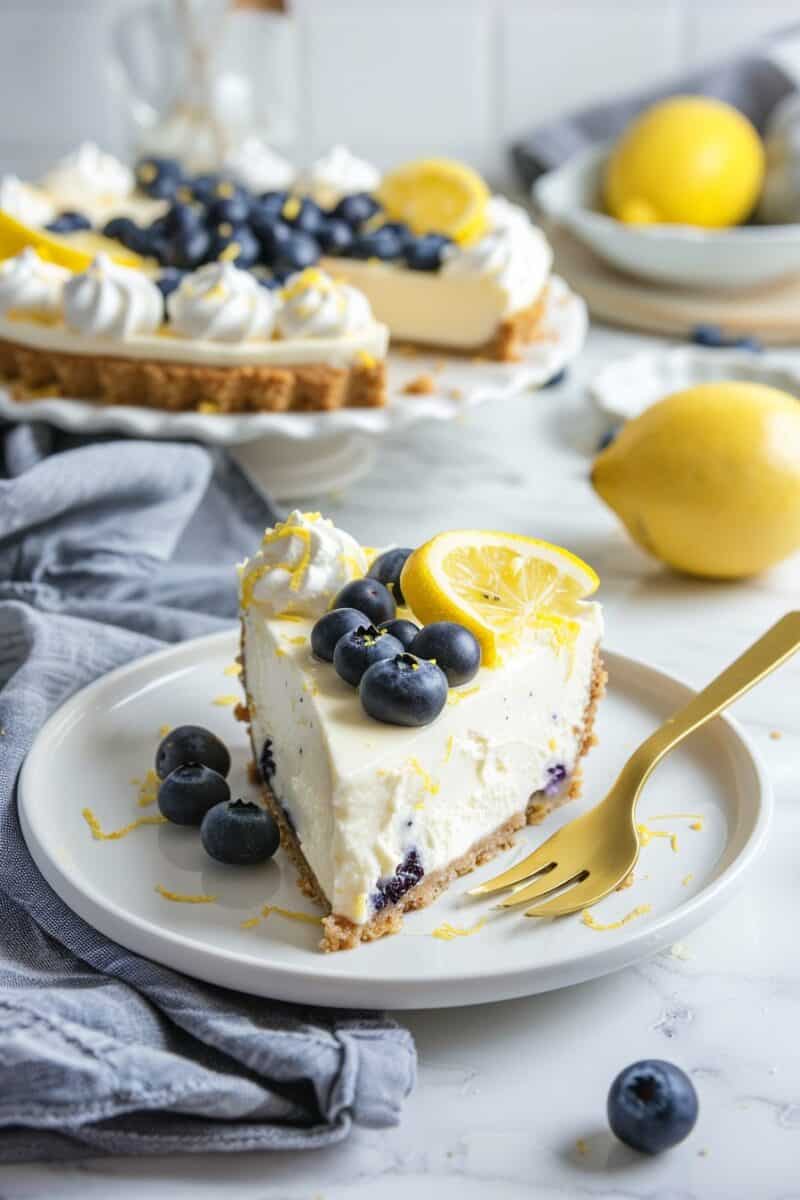 Image of a no-bake blueberry lemon cheesecake on a white pedestal. The cheesecake has a golden brown cookie crust, a thick layer of creamy lemon-infused filling, and is topped with a generous amount of plump blueberries. A slice has been served on a white plate, showing the luscious layers, garnished with a lemon slice and zest.