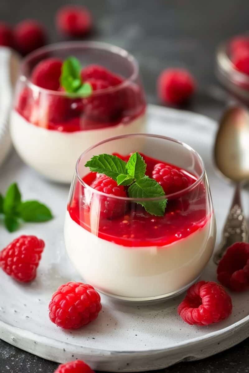 Two glasses of smooth panna cotta with a layer of red raspberry sauce on top, garnished with mint leaves, on a gray background with scattered raspberries.