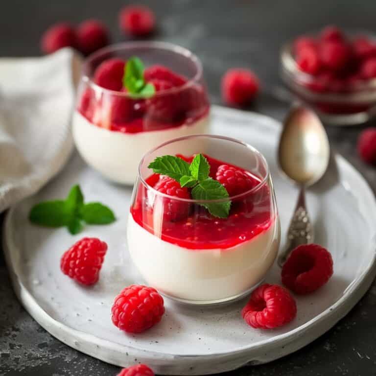 Velvety panna cotta with a luscious raspberry sauce in a glass, accompanied by fresh raspberries and mint leaves on a rustic white tray, with a soft-focus background.