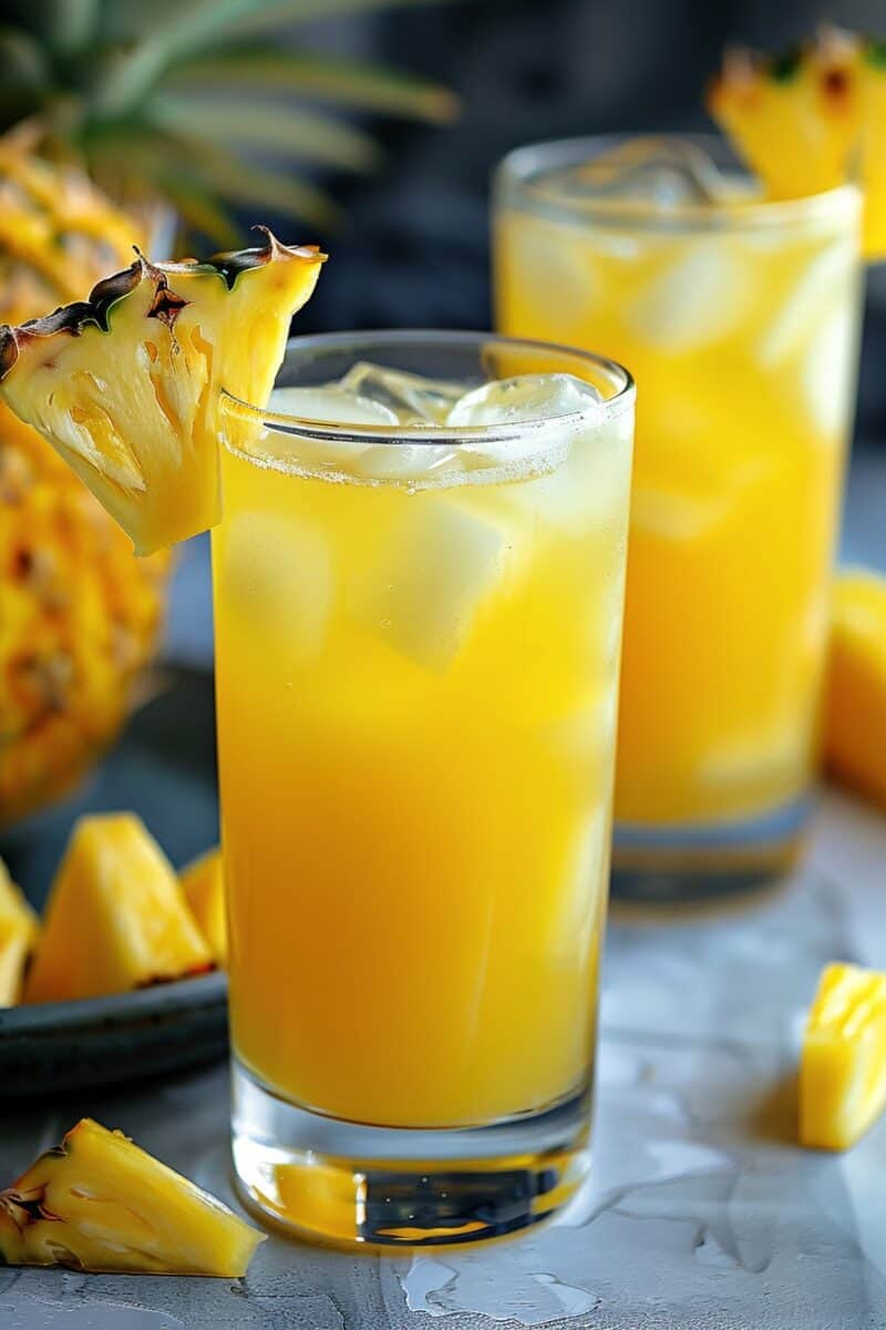 A sparkling glass of Pineapple Ginger Lemonade Punch, effervescent with ginger ale and rich with tropical pineapple juice, garnished with a lemon wheel and pineapple chunk, captures the essence of refreshing summer indulgence.