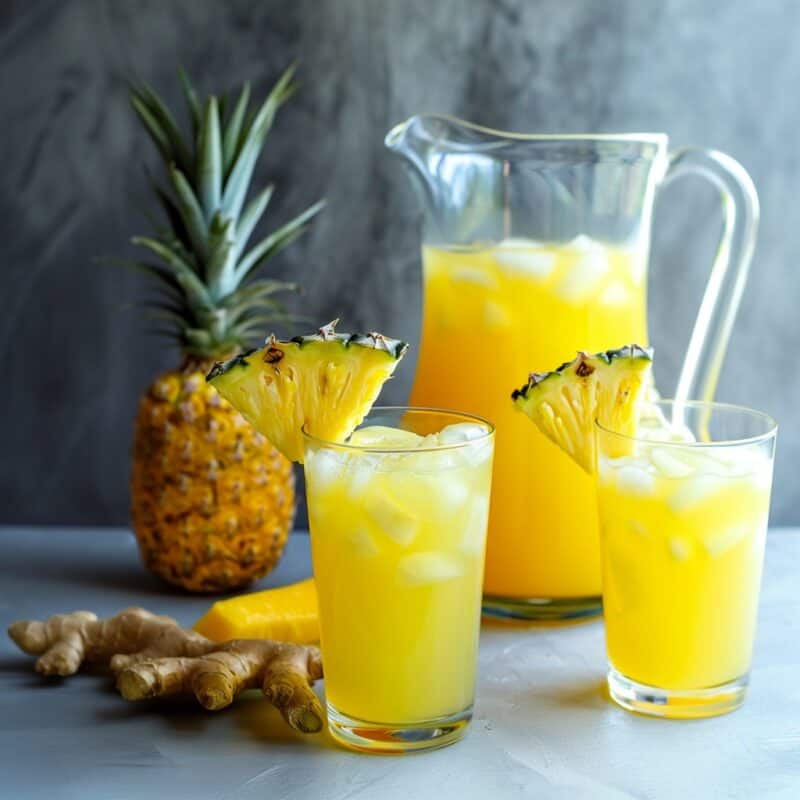 A pitcher brimming with Pineapple Ginger Lemonade Punch sits alongside filled glasses, all effervescing with ginger ale and infused with tropical pineapple flavors, adorned with lemon wheels and pineapple chunks, offering a visual and flavorful summer feast.