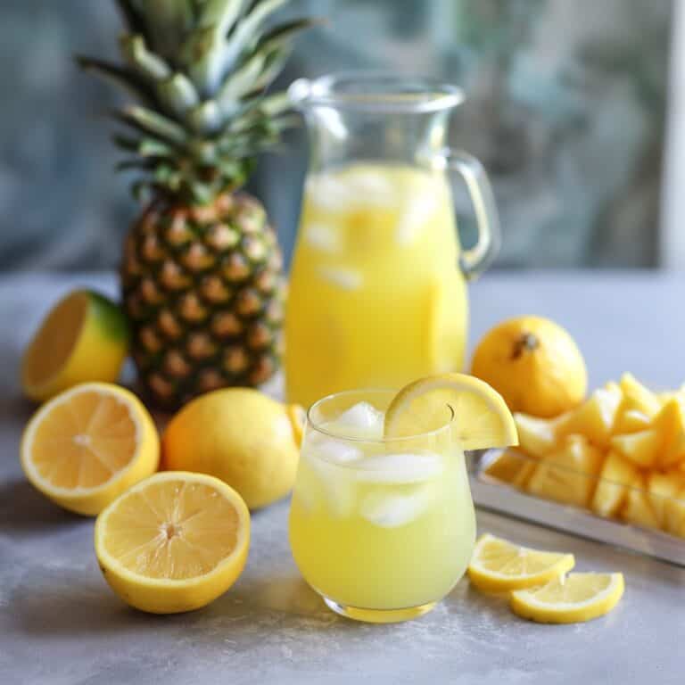 A vibrant image showcasing a pitcher filled with Pineapple Lemonade Punch beside a glass of the same refreshing drink, both garnished with slices of pineapple and lemon, evoking a sense of tropical refreshment and summery delight.