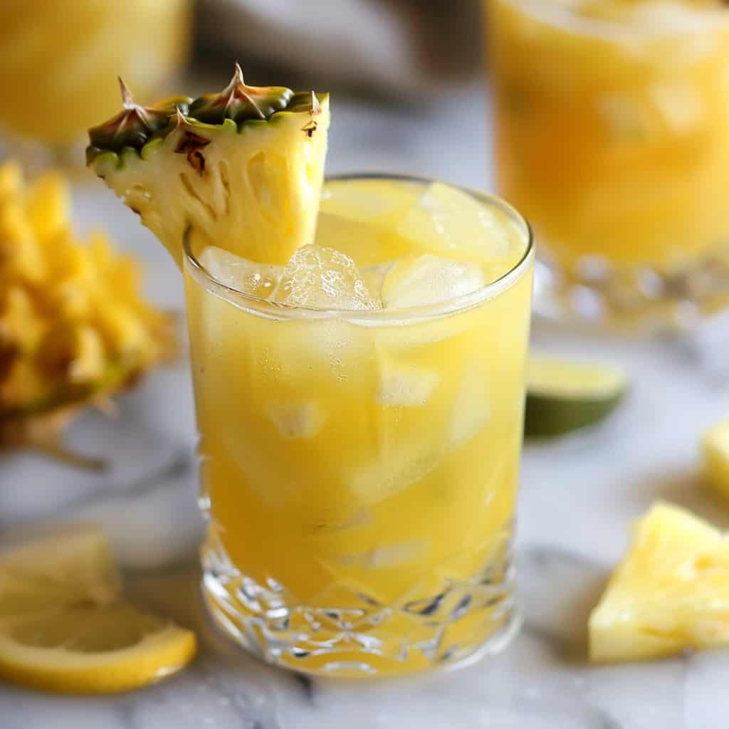 A refreshing glass of vibrant yellow pineapple lemonade, beautifully garnished with a fresh pineapple slice, sits on a pristine white countertop, embodying the essence of summer refreshment.