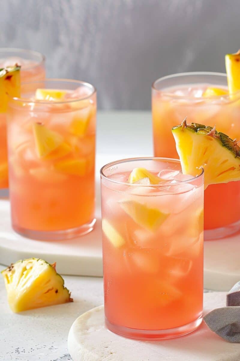 Glasses of Pink Pineapple Lemonade garnished with pineapple and lemon slices on a white countertop, radiating summer refreshment vibes.