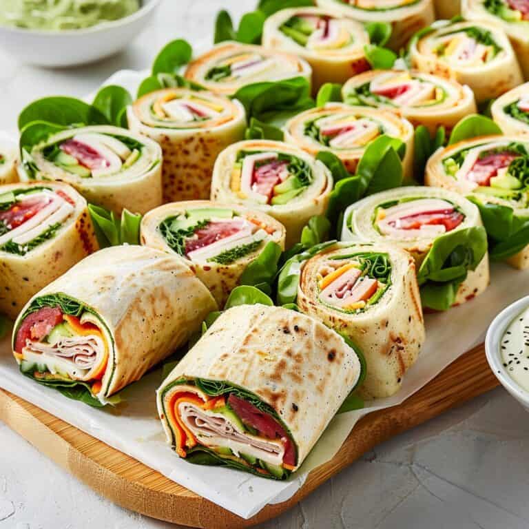 Neatly arranged tortilla wraps filled with greens, cream cheese, turkey, and red bell peppers, served on a round wooden board surrounded by fresh spinach leaves, providing a colorful and appetizing presentation for a casual gathering. Best Poolside Snacks.