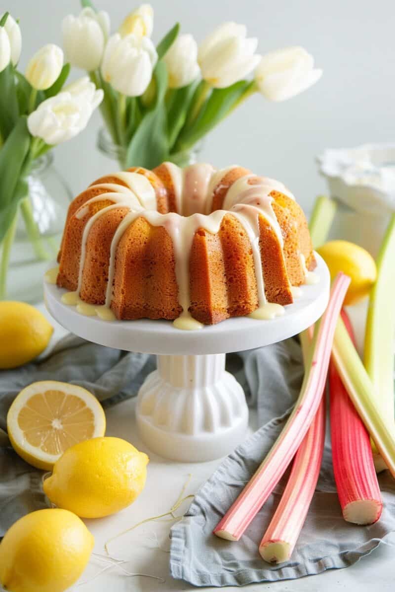 an elegantly presented lemon rhubarb bundt cake on a white cake stand. The cake has a golden brown exterior with a white glaze drizzled over the top, emphasizing its moist texture. Fresh yellow lemons and vibrant pink and green rhubarb stalks rest casually on the gray linen beside the stand, suggesting the flavors within. In the background, a glass vase holds a bouquet of white tulips, adding a fresh, spring-like atmosphere to the setting.