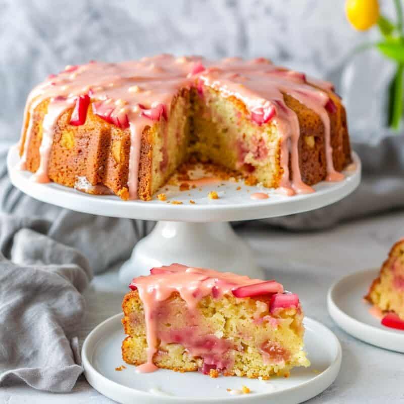 a sliced rhubarb coffee cake on a white cake stand, its pale golden exterior adorned with a pink rhubarb glaze dripping down the sides. Chunks of bright pink rhubarb are visible within the cake, offering a pop of color against the creamy interior. A single slice sits on a white plate in the foreground, ready to be enjoyed, while a tulip and soft gray linens in the background complete the cozy, inviting scene.