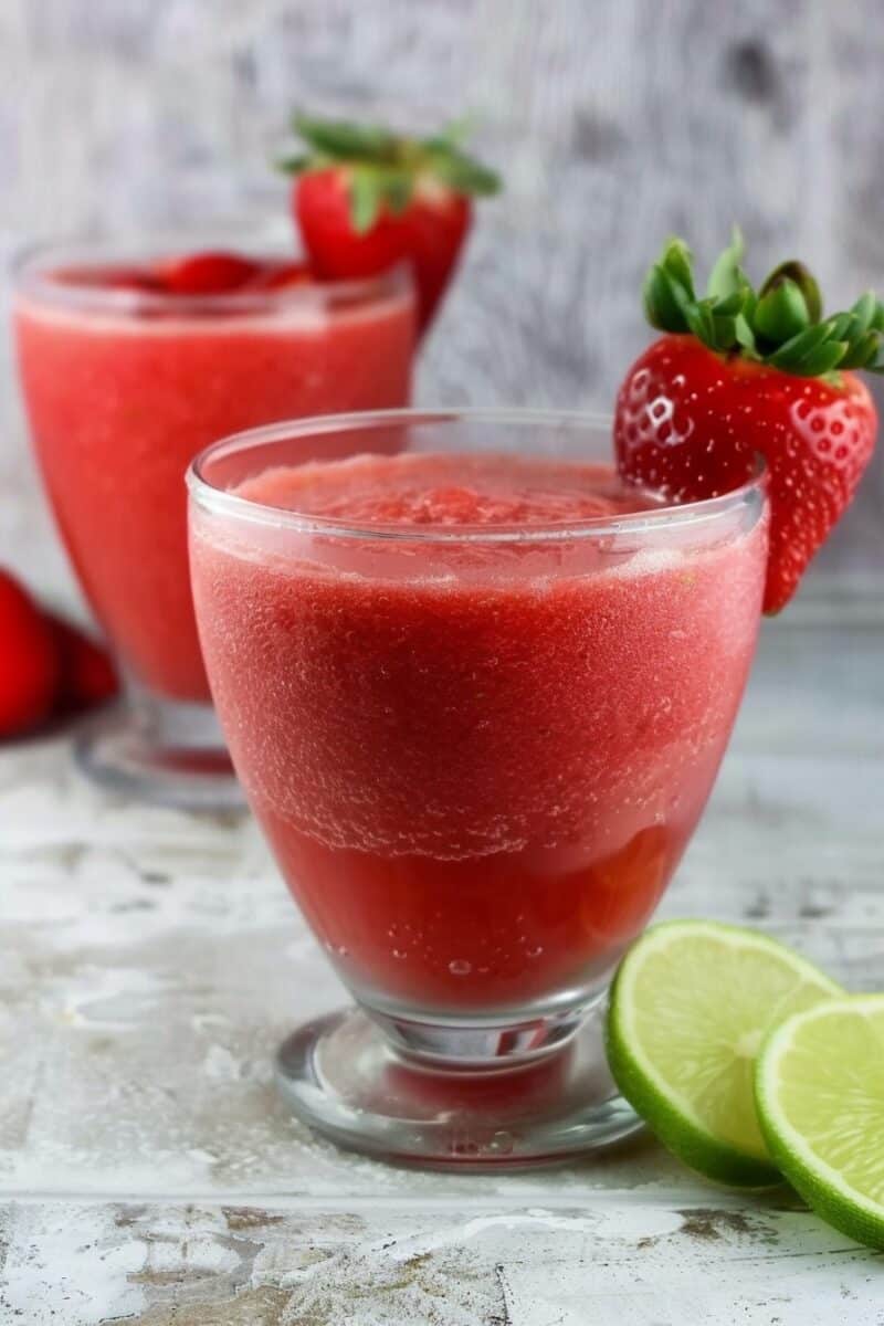 Closeup strawberry daiquiri in a glass rimmed with sugar, with a striped straw and lime slice, surrounded by strawberries and ice on a speckled surface.