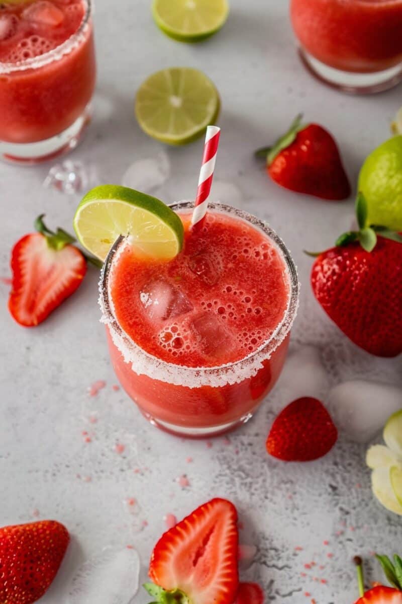 Overhead view of a strawberry daiquiri in a glass with a lime garnish, surrounded by whole strawberries and lime slices on a grey surface.