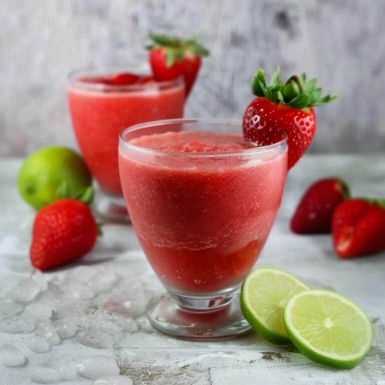 A frosty strawberry daiquiri in a curved glass garnished with a fresh strawberry, beside lime wedges on a rustic background.