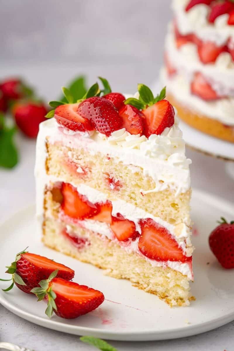 A slice of strawberry shortcake on a white plate, showcasing fresh strawberries on top with a sprinkle of almond slices and whipped cream between soft cake layers.