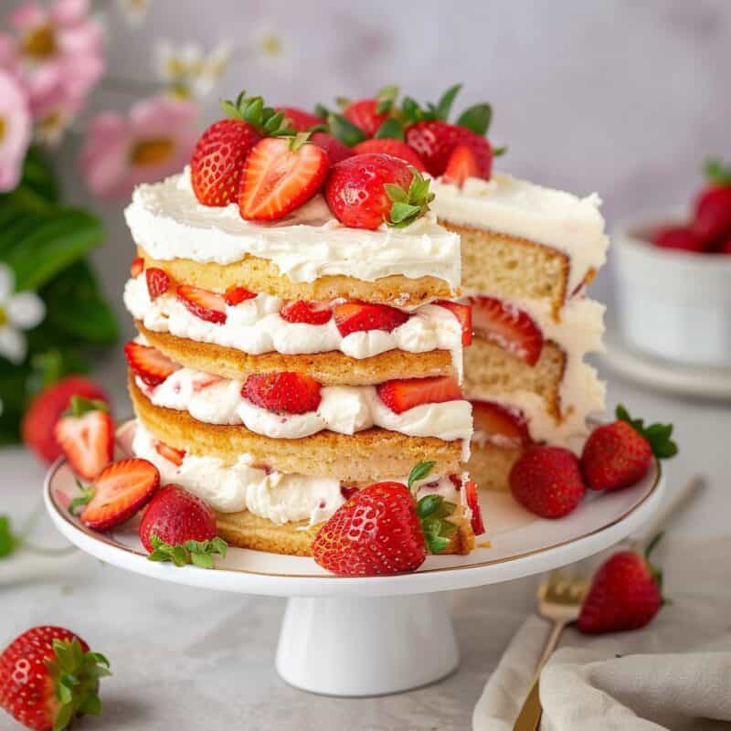 A tall strawberry shortcake on a white cake stand, decorated with whole strawberries and fluffy whipped cream between each of the four cake layers, set against a backdrop of flowers.