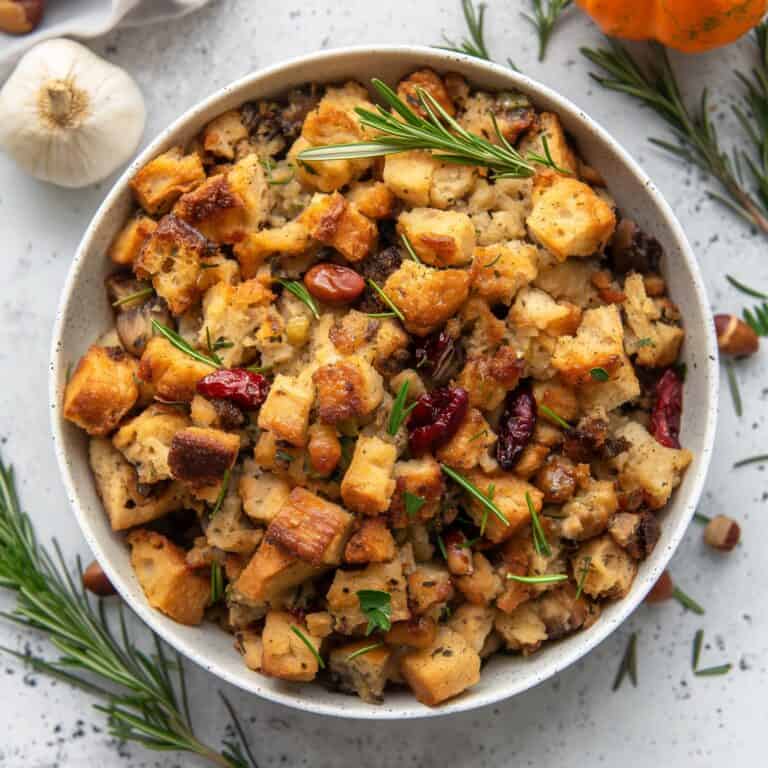 A rustic bowl filled with Thanksgiving stuffing, adorned with cranberries and fresh rosemary, on a marbled countertop.