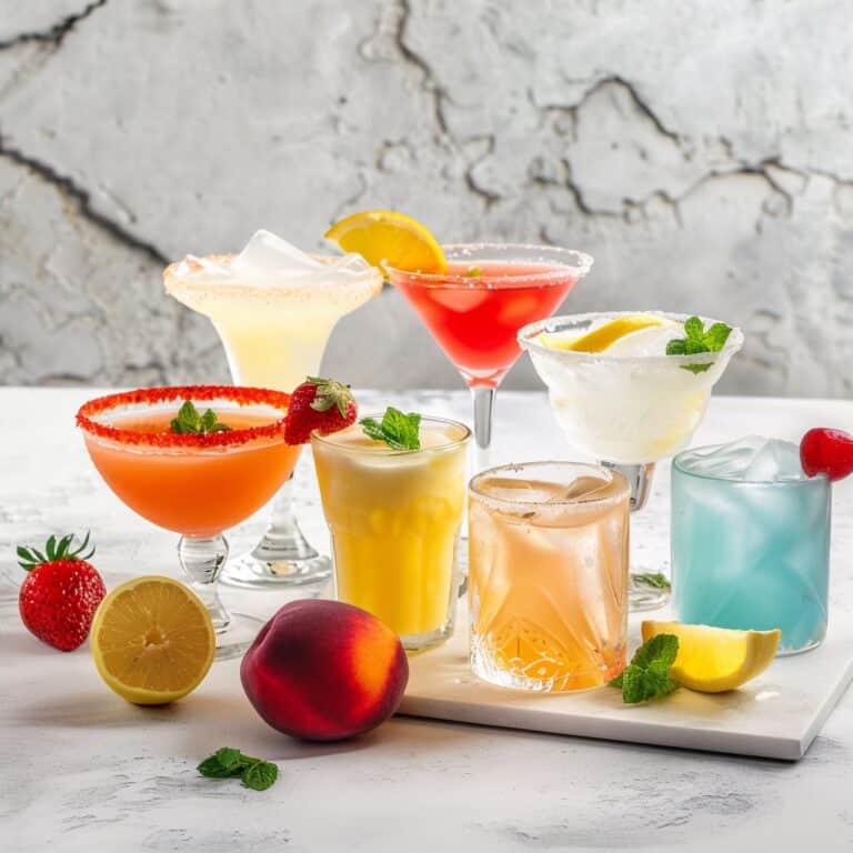 This feature image showcases a festive Cinco de Mayo setup with an array of colorful cocktails, including margaritas and tequila drinks, beautifully arranged on a themed table with Mexican-inspired decorations.