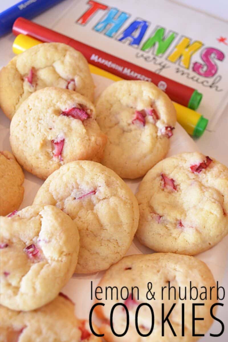 Chewy lemon and rhubarb cookies displayed on a colorful 'Thank You' card, suggesting a gift or treat.