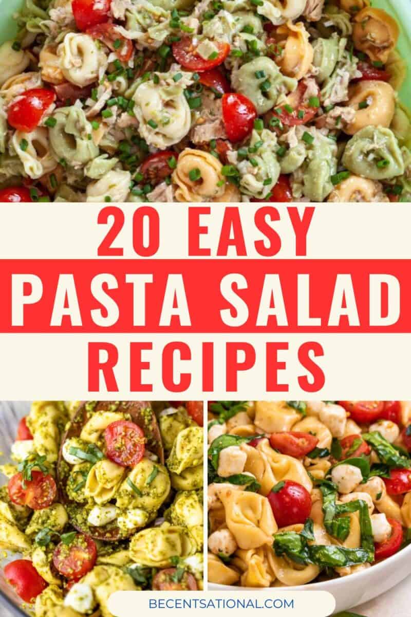 A colorful collage of easy pasta salad recipes featuring tortellini, cherry tomatoes, mozzarella, and fresh basil. Perfect for summer barbecues, picnics, and meal prep. Text overlay reads: '20 Easy Pasta Salad Recipes'.