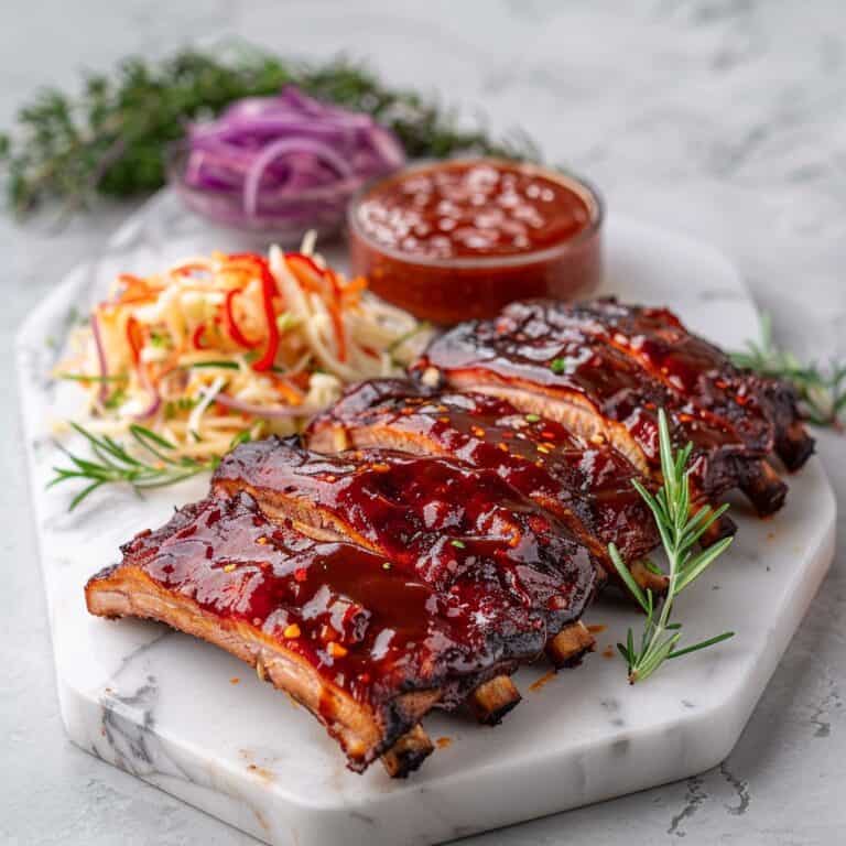 Succulent BBQ ribs with a glossy sauce served alongside a fresh coleslaw, perfect for Father's Day meal ideas.