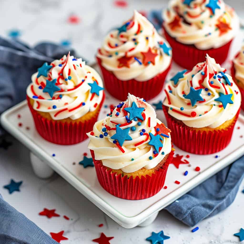 Patriotic Memorial Day cupcakes with creamy white frosting and sprinkles in red, blue, and white, topped with a red star, presented on a white tray with scattered star decorations.