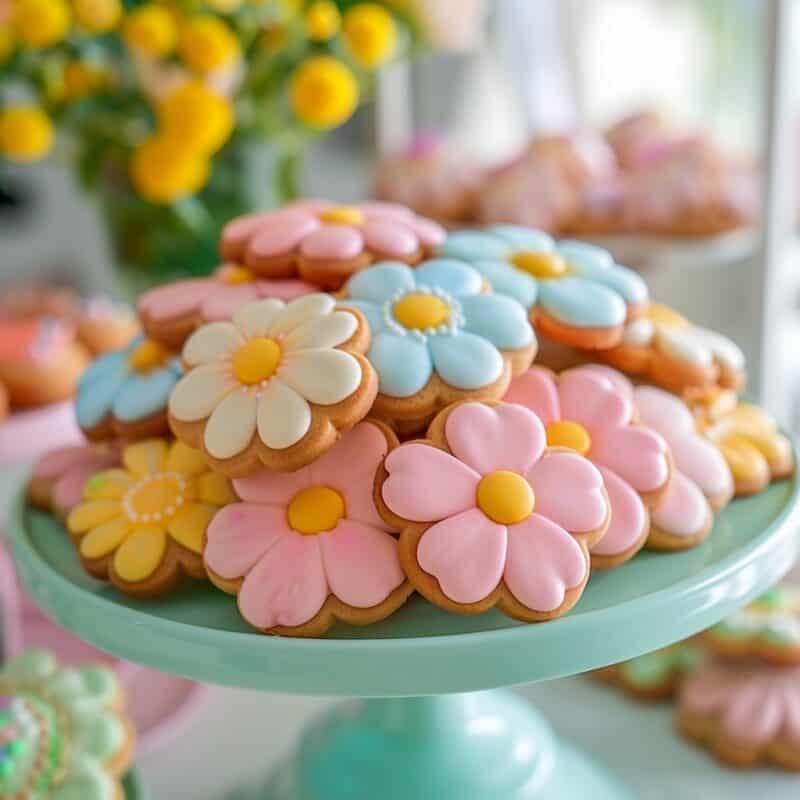 A display of beautifully decorated flower-shaped cookies in pastel pink, blue, and yellow colors, elegantly arranged on a light green cake stand, with a backdrop of fresh yellow flowers.