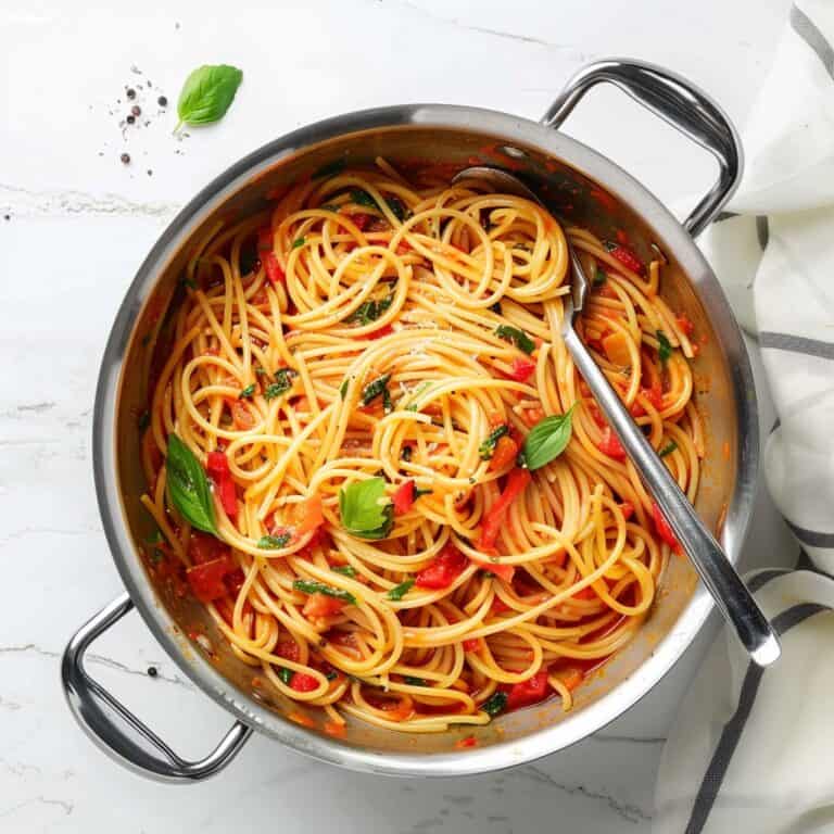 One pot pasta recipes featuring spaghetti with red bell peppers, fresh basil, and tomato sauce in a stainless steel pot.