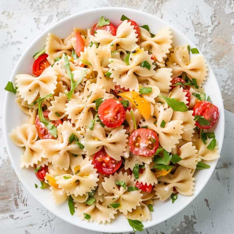 A simpler pasta salad with bow-tie pasta, cherry tomatoes, and fresh herbs, seasoned with black pepper for fresh, summery flavors.