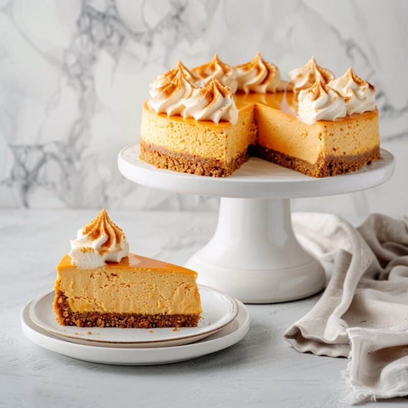 A rich and creamy pumpkin cheesecake on a white cake stand, with a portion cut out and served on a plate in the foreground. The cheesecake features a golden caramel glaze and is topped with dollops of whipped cream that are lightly toasted, giving a marshmallow-like appearance. The base consists of a crunchy graham cracker crust, and the setting includes a light gray marble background with a white cloth.