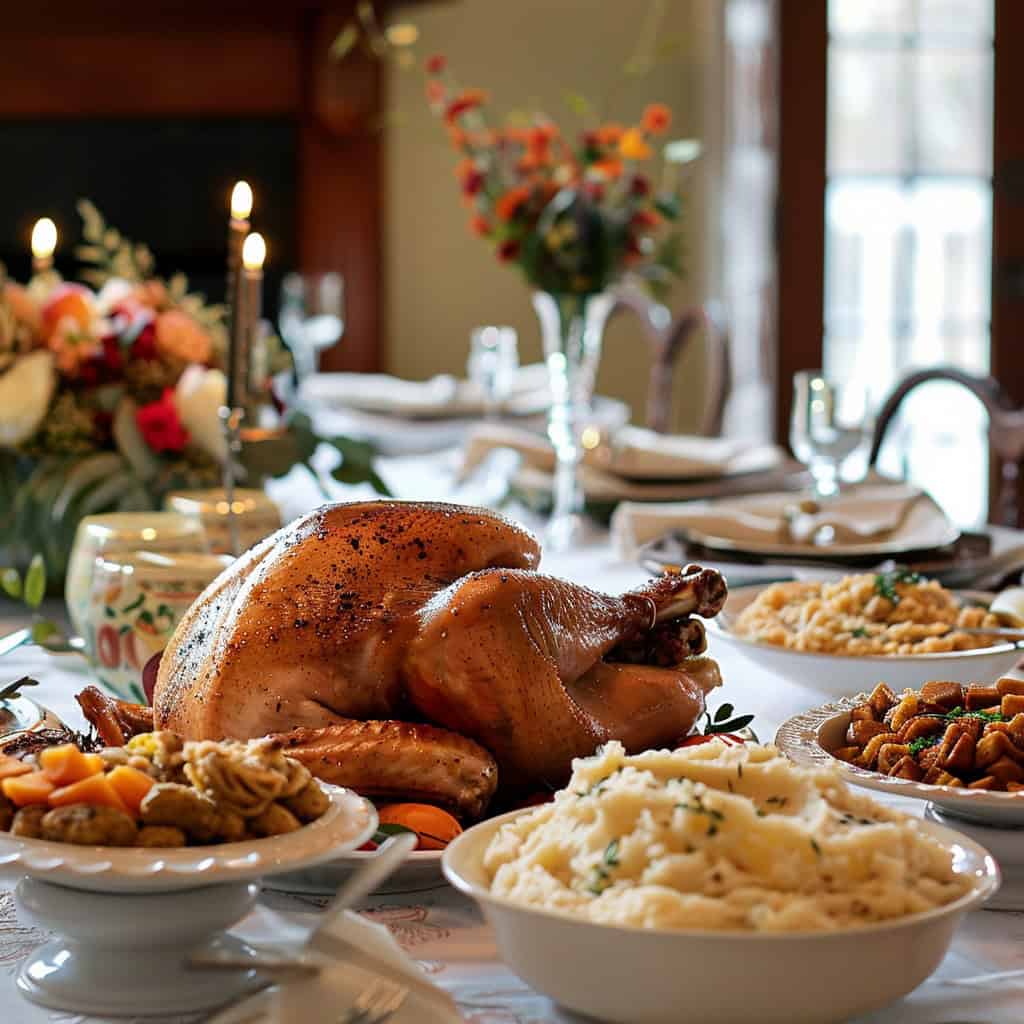 A Thanksgiving table with turkey and side dishes, Thanksgiving menu ideas