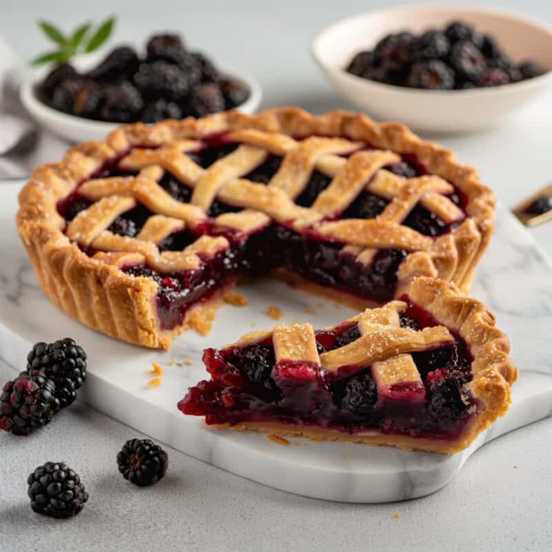 A delicious mulberry pie with a golden, lattice-style crust on a white marble countertop. The pie has a rich, deep purple filling made from juicy mulberries, visible through the lattice. Beside the pie are scattered fresh blackberries and a bowl of additional mulberries in the background, enhancing the rustic and appetizing setup. The best mulberry recipes.