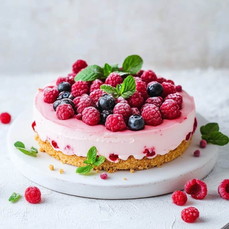 A bright and refreshing summer dessert spread featuring a no-bake berry cheesecake with a golden crust, topped with fresh raspberries, blueberries, and mint. This image represents a collection of 15 easy summer desserts, including no-bake treats, fruity sweets, and warm-weather favorites perfect for BBQs, picnics, and gatherings.