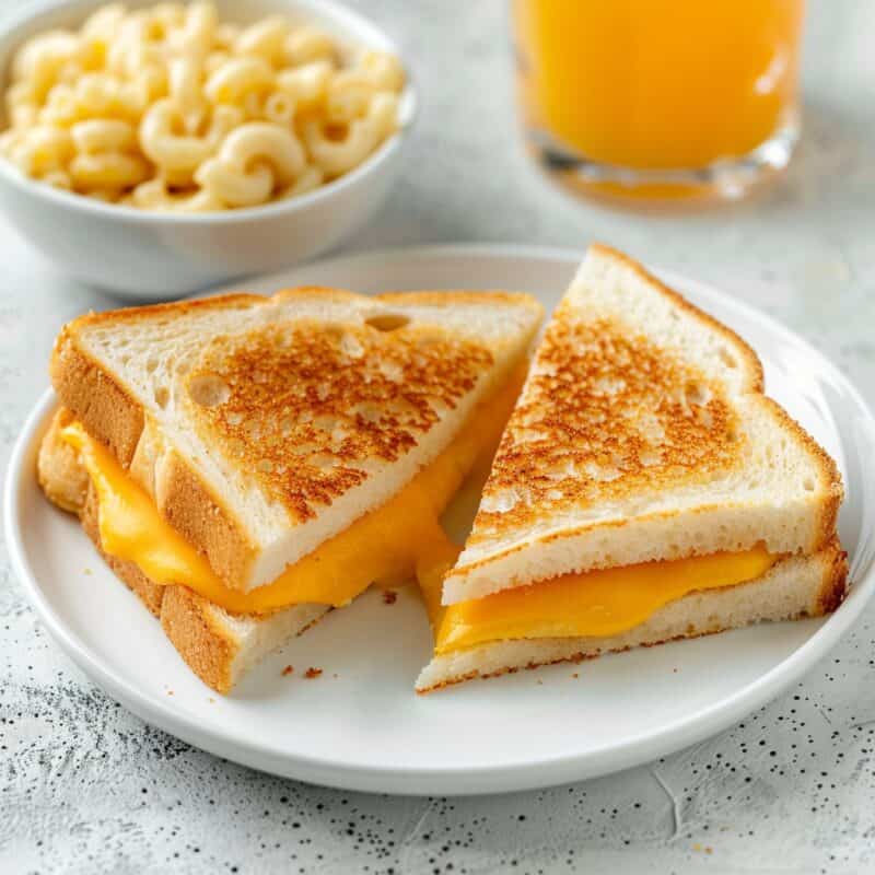 A plate with a grilled cheese sandwich cut into triangles, showcasing melted cheese inside. In the background, there is a bowl of macaroni and a glass of orange juice. This meal is an example of back to school lunch ideas, providing a simple yet satisfying option for kids.