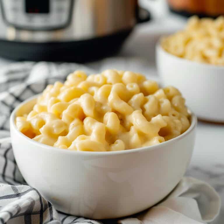 White bowl filled with creamy CrockPot mac and cheese, placed in front of a slow cooker, highlighting the ease of preparation for this comforting dish.