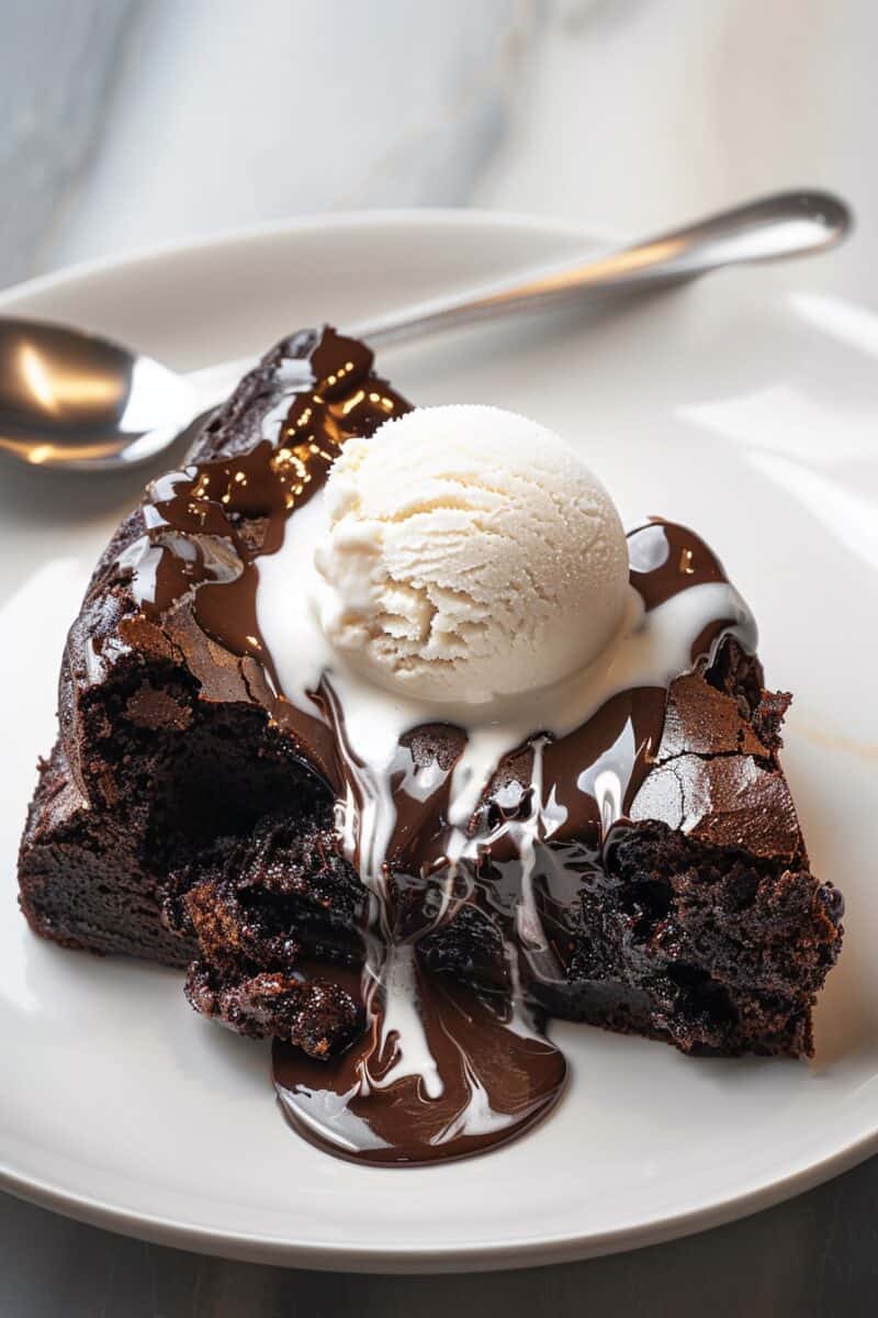 A piece of crockpot chocolate lava cake on a white plate, adorned with a scoop of vanilla ice cream and a generous drizzle of melted chocolate.