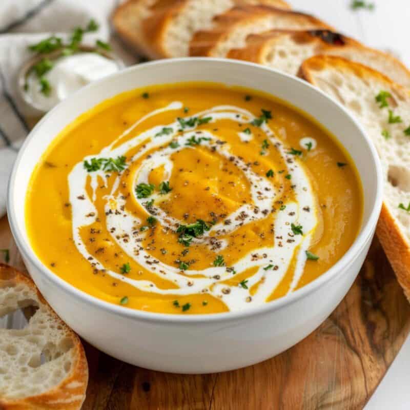 A bowl of creamy pumpkin soup garnished with a swirl of cream, fresh parsley, and black pepper. The bowl is placed on a wooden board with slices of crusty bread, creating a warm and inviting meal setting.