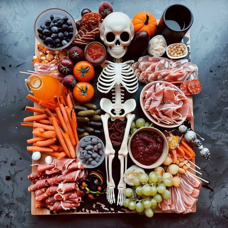 A Halloween charcuterie board featuring an assortment of appetizers arranged around a plastic skeleton. The board includes meats, cheeses, vegetables, grapes, pickles, and festive decorations such as small pumpkins and spooky props. This spread is perfect for Halloween appetizers and themed party snacks.